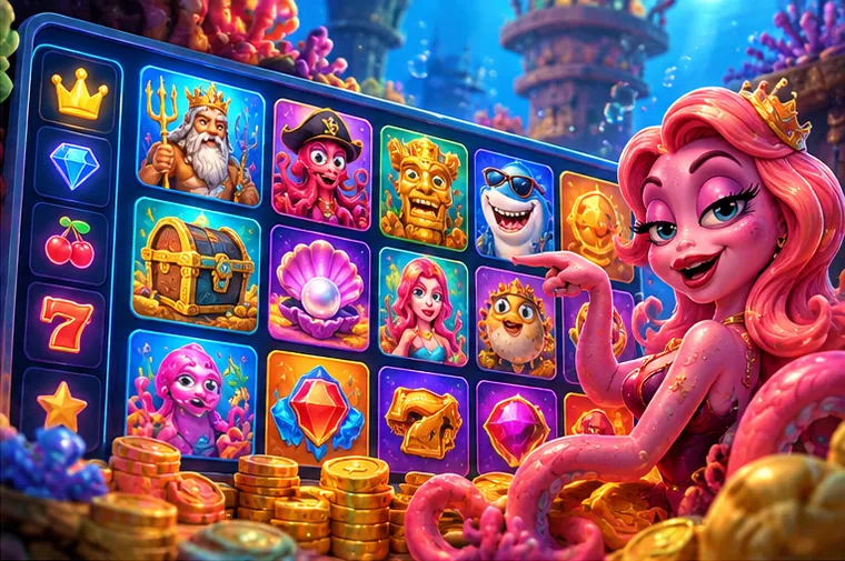 Mermaid hostess pointing at a wall of slot games
